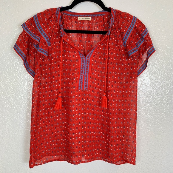 Ulla Johnson Tops - Ulla Johnson Silk Ruffle Top Blouse Womens Size 2 Red Floral Tassel Tie Sheer